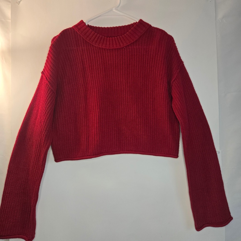 Wild Fable Womens Small Red Cropped Shaker Stitch Pullover Sweater Long Sleeve